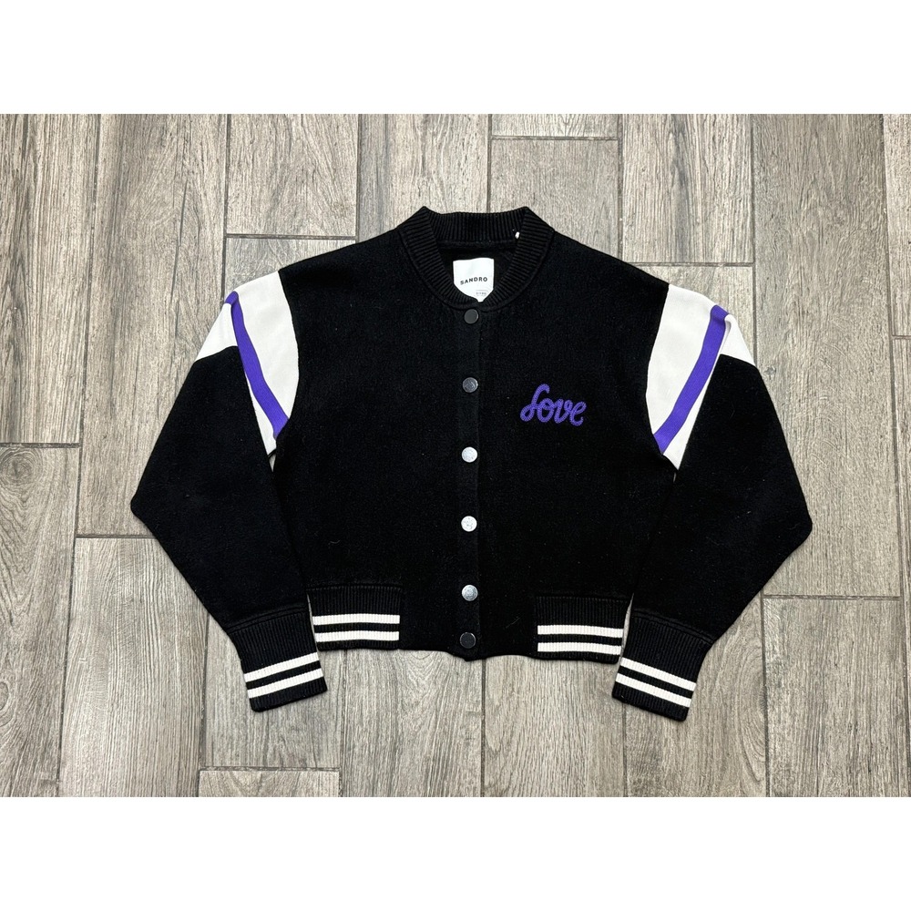 Sandro Varsity Jacket Womens Small Black Wool Love Logo Striped Sleeves Bomber